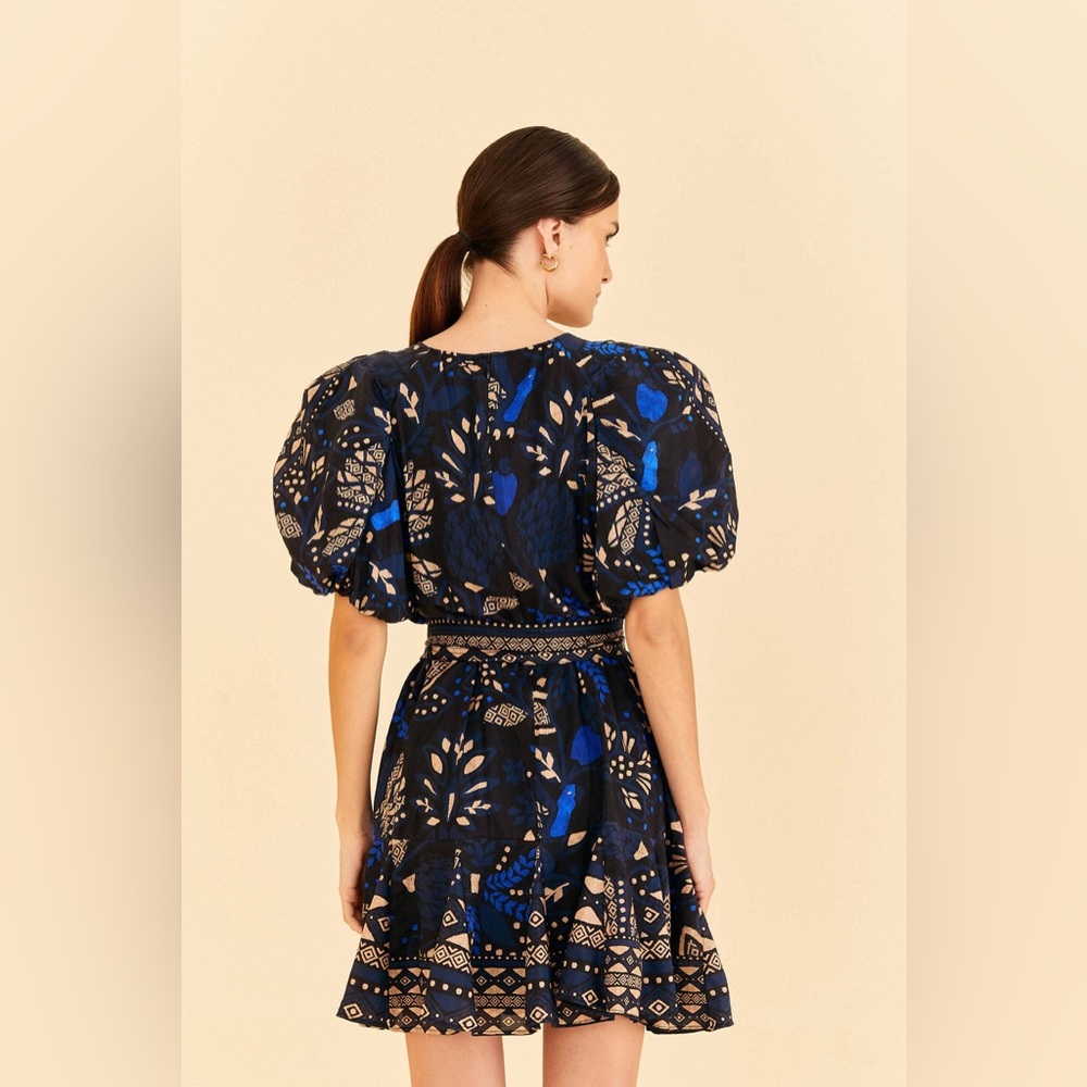 FARM Rio Navy Blue & Beige Floral Puff-Sleeve Mini Dress - Picture 5 of 13